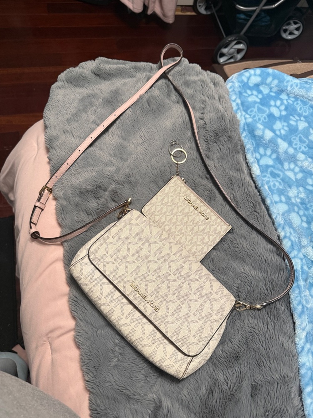 Michael Kors Beige and Pink Signature Crossbody with Removable Card Case
